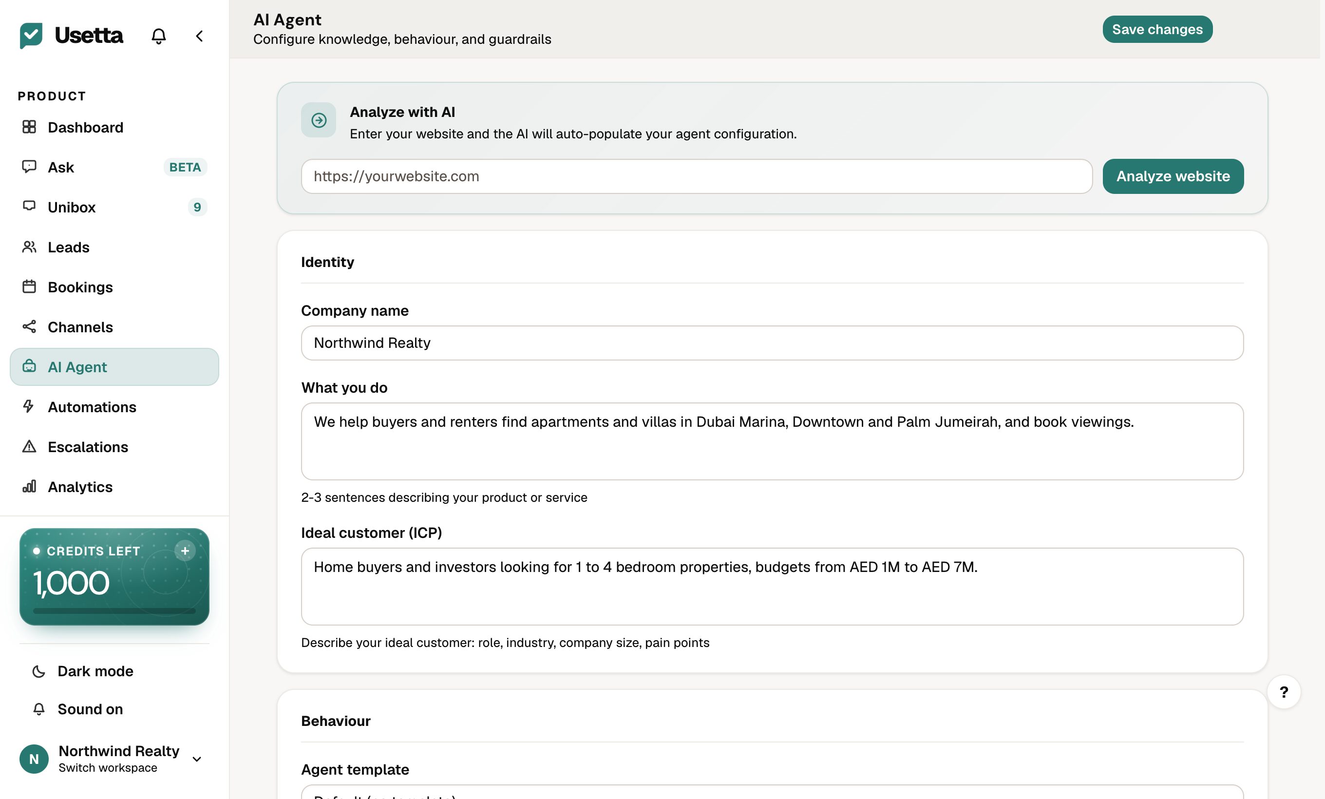 The AI Agent page