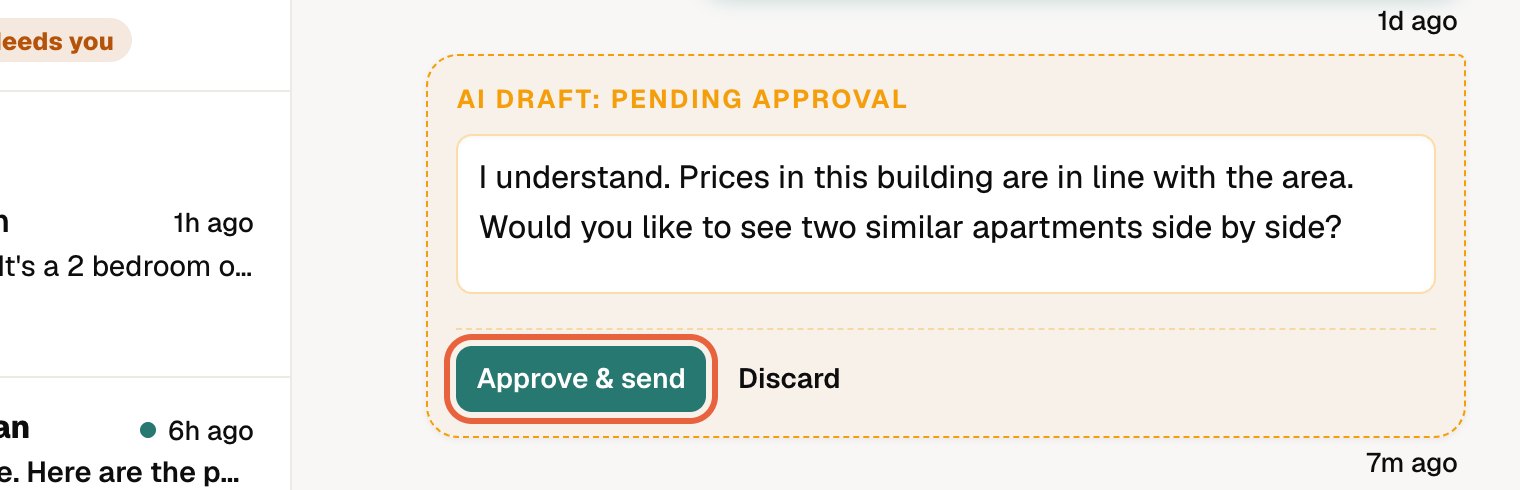 A draft waiting for approval: press Approve & send
