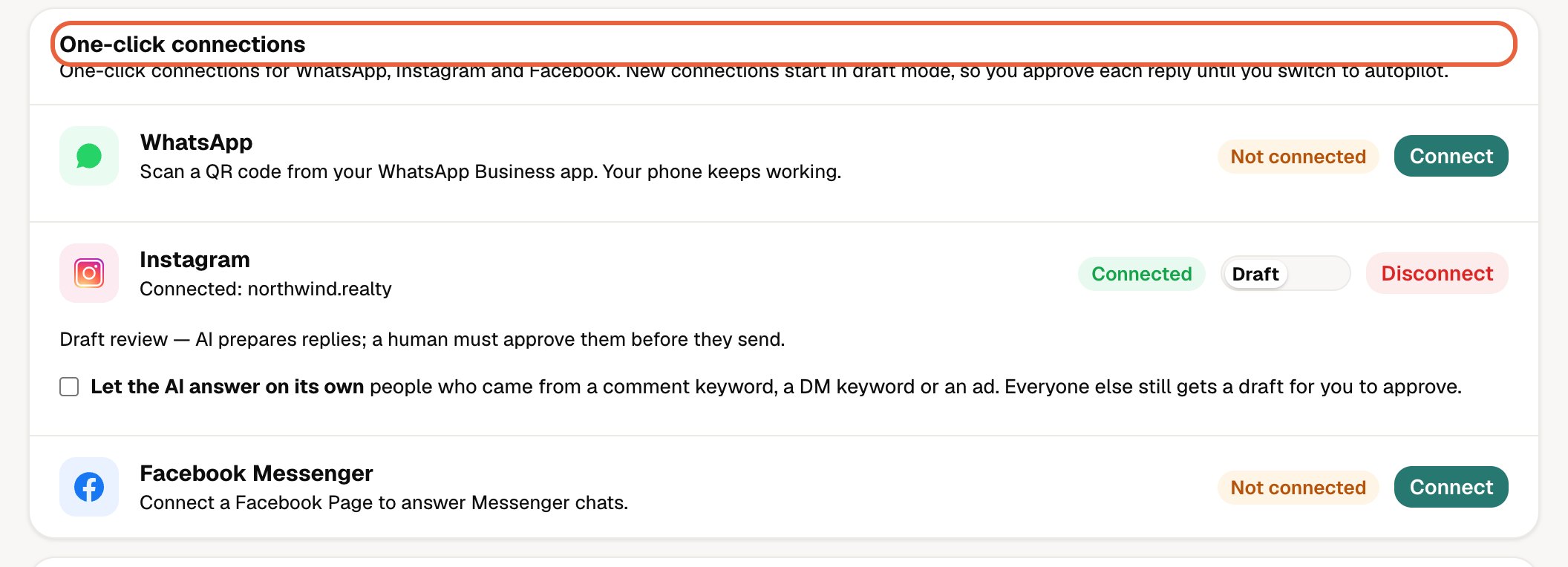 Step 3: the one-click connections on the Channels page