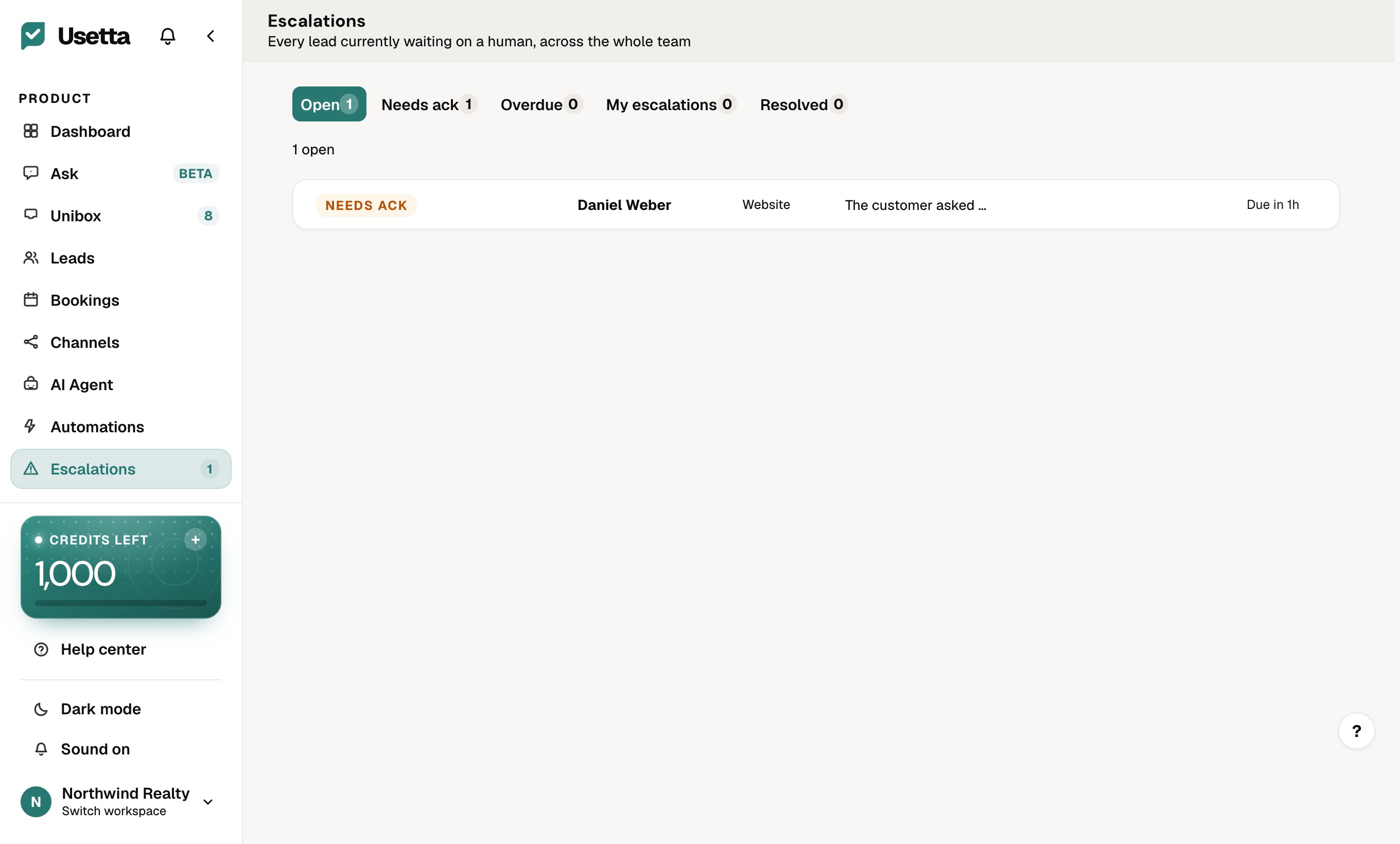 The Escalations page lists chats waiting on a person