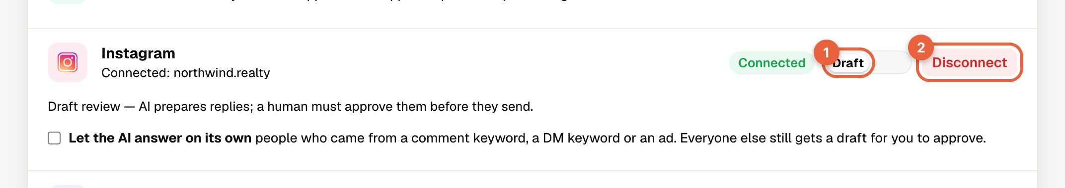 Step 3: Instagram is connected and in approval mode (Draft)