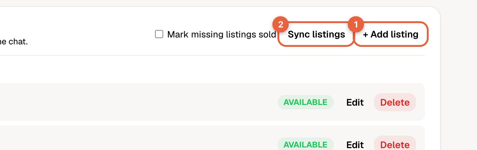 Step 2: + Add listing, and Sync listings for many at once