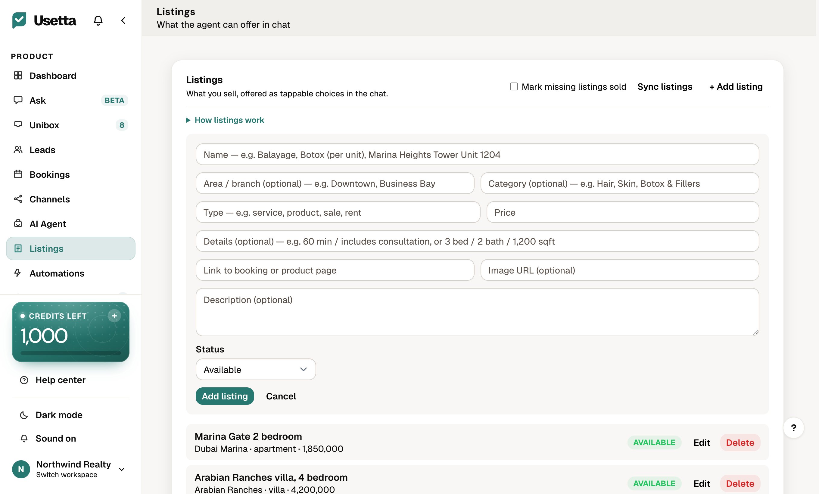 Step 3: the Add listing form
