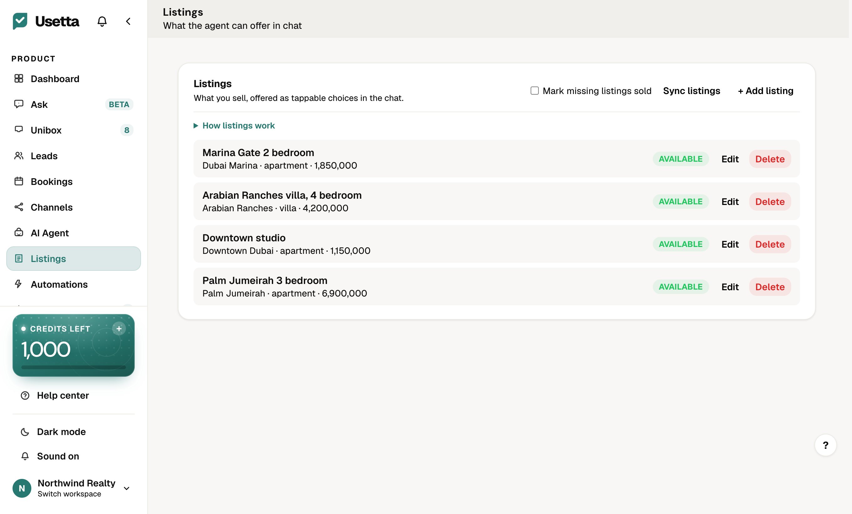 The Listings page