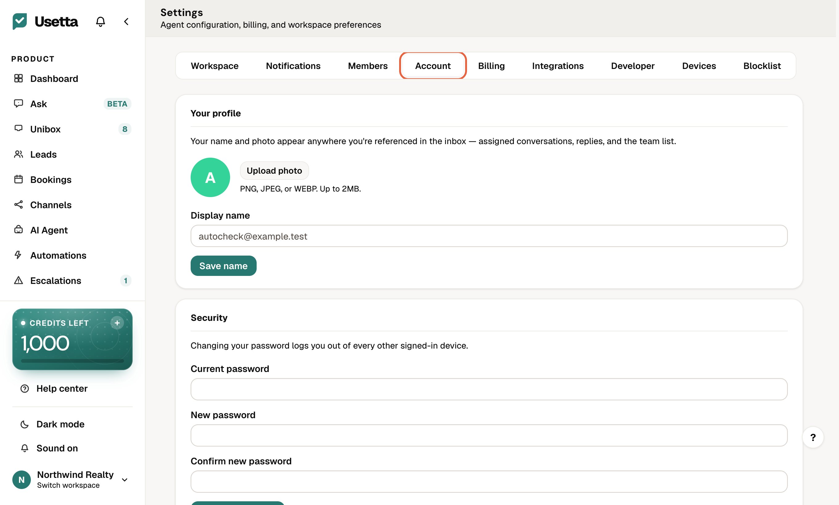 The Account tab in Settings