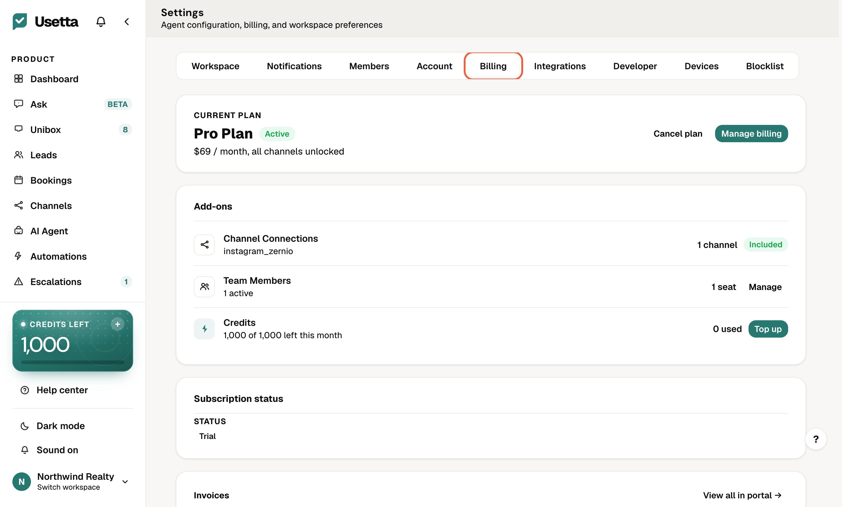 The Billing tab with Cancel plan and Manage billing