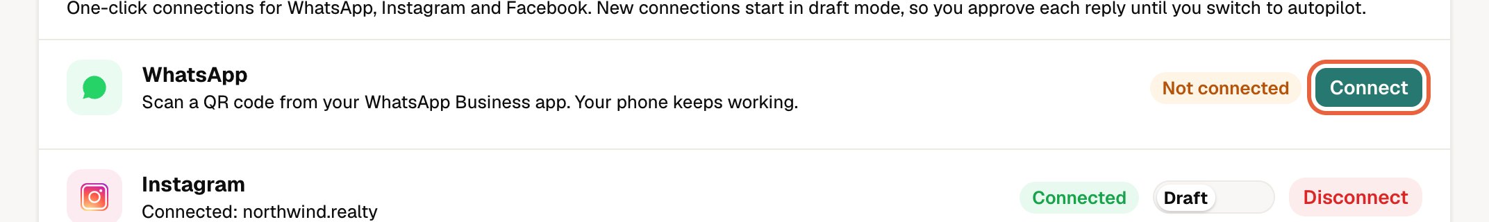 Step 2: press Connect next to WhatsApp